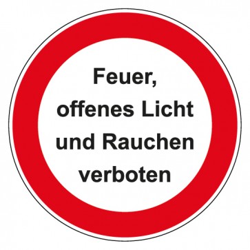 Schild Verbotszeichen rund mit Text Feuer offenes Licht und Rauchen verboten