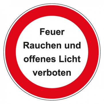 Schild Verbotszeichen rund mit Text · Feuer Rauchen und offenes Licht verboten · selbstklebend