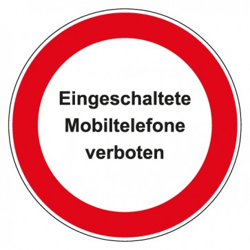 Aufkleber Verbotszeichen rund mit Text Eingeschaltete Mobiltelefone verboten