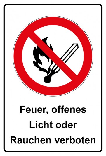 Aufkleber Verbotszeichen rechteckig mit Text Feuer offenes Licht oder Rauchen verboten