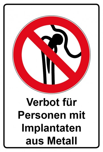 Aufkleber Verbotszeichen rechteckig mit Text Verbot für Personen mit Implantaten aus Metall