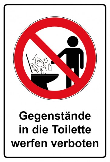 Aufkleber Verbotszeichen rechteckig mit Text Gegenstände in die Toilette werfen verboten