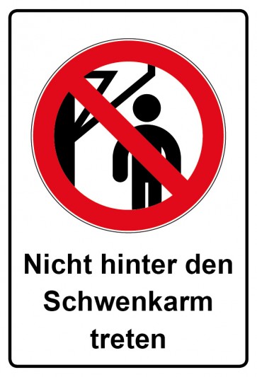 Schild Verbotszeichen Piktogramm & Text deutsch · Nicht hinter den Schwenkarm treten (Verbotsschild)