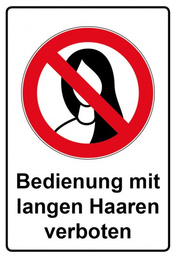 Schild Verbotszeichen Piktogramm & Text deutsch · Bedienung mit langen Haaren verboten (Verbotsschild)