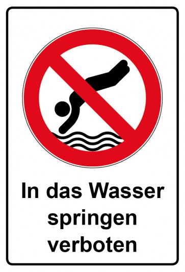 Aufkleber Verbotszeichen rechteckig mit Text In das Wasser springen verboten