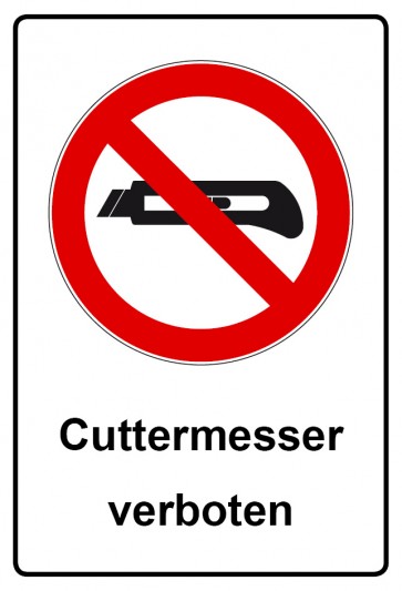 Aufkleber Verbotszeichen rechteckig mit Text Cutter Messer verboten