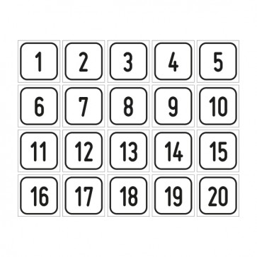 Aufkleber Zahlen-Set "1-20" · viereckig - schwarz / weiß