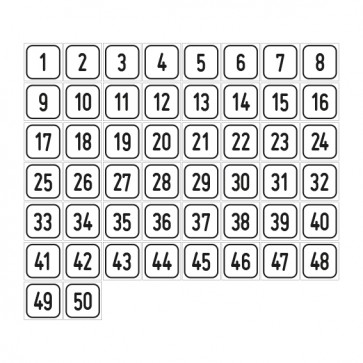 Schilder Zahlen-Set "1-50" · viereckig - schwarz / weiß | selbstklebend