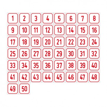 Schilder Zahlen-Set "1-50" · viereckig - rot / weiß