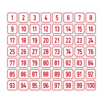 Aufkleber Zahlen-Set "1-100" · viereckig - rot / weiß