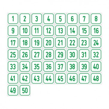 Schilder Zahlen-Set "1-50" · viereckig - grün / weiß