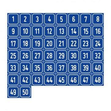 Schilder Zahlen-Set "1-50" · viereckig - weiß / blau | selbstklebend