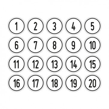 Schilder Zahlen-Set "1-20" · rund · schwarz / weiß | selbstklebend