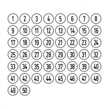 Aufkleber Zahlen-Set "1-50" · rund · schwarz / weiß