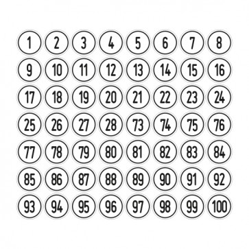 Schilder Zahlen-Set "1-100" · rund · schwarz / weiß | selbstklebend