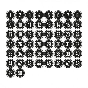 Aufkleber Zahlen-Set "1-50" · rund · weiß / schwarz | stark haftend