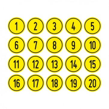 Schilder Zahlen-Set "1-20" · rund · schwarz / gelb | selbstklebend