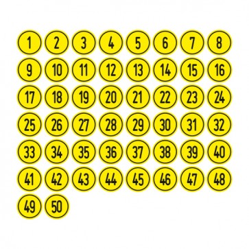 Schilder Zahlen-Set "1-50" · rund · schwarz / gelb | selbstklebend
