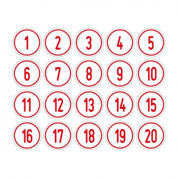 Schilder Zahlen-Set "1-20" · rund · rot / weiß | selbstklebend