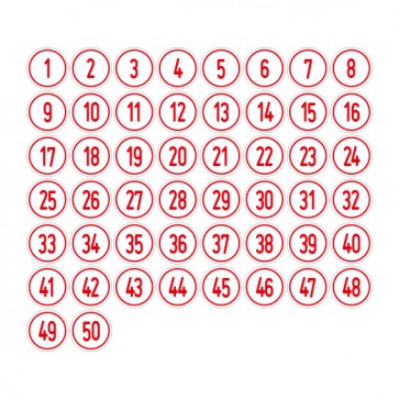 Schilder Zahlen-Set "1-50" · rund · rot / weiß