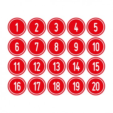 Schilder Zahlen-Set "1-20" · rund · weiß / rot