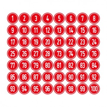 Aufkleber Zahlen-Set "1-100" · rund · weiß / rot