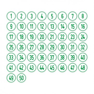 Schilder Zahlen-Set "1-50" · rund · grün / weiß | selbstklebend