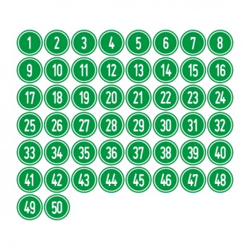 Schilder Zahlen-Set "1-50" · rund · weiß / grün