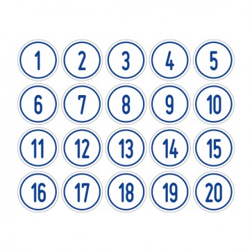 Aufkleber Zahlen-Set "1-20" · rund · blau / weiß