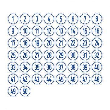Aufkleber Zahlen-Set "1-50" · rund · blau / weiß