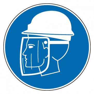 Gebotsschild Helm und Gesichtsschutz tragen