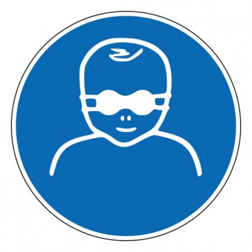 Schild Gebotszeichen Kleinkinder durch weitgehend lichtundurchlässige Augenabschirmung schützen · ISO 7010 M025 (Gebotsschild)