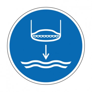 Schild Gebotszeichen Rettungsboot fieren beim Aussetzvorgang · ISO_7010_M039 · selbstklebend