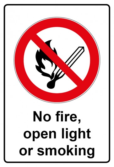 Schild Verbotszeichen Piktogramm & Text englisch · No fire, open light or smoking (Verbotsschild)