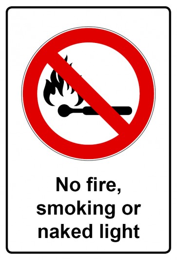 Schild Verbotszeichen Piktogramm & Text englisch · No fire, smoking or naked light | selbstklebend (Verbotsschild)