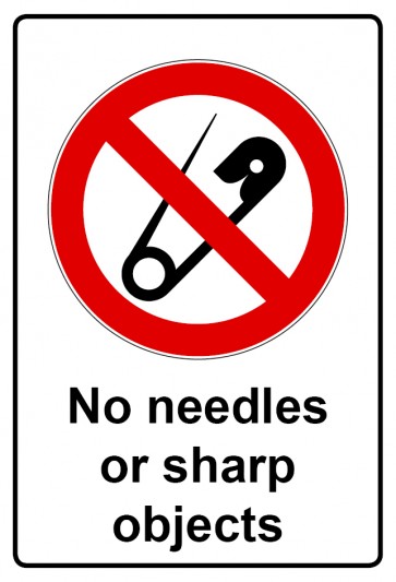 Schild Verbotszeichen Piktogramm & Text englisch · No needles or sharp objects | selbstklebend (Verbotsschild)