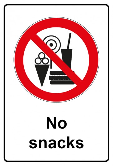 Schild Verbotszeichen Piktogramm & Text englisch · No snacks (Verbotsschild)
