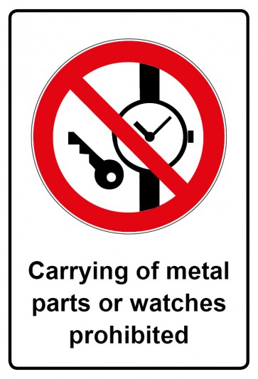 Aufkleber Verbotszeichen Piktogramm & Text englisch · Carrying of metal parts or watches prohibited | stark haftend (Verbotsaufkleber)