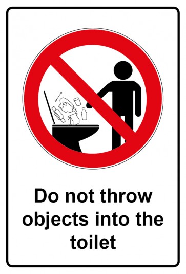 Schild Verbotszeichen Piktogramm & Text englisch · Do not throw objects into the toilet | selbstklebend (Verbotsschild)