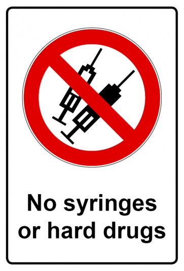 Schild Verbotszeichen Piktogramm & Text englisch · No syringes or hard drugs | selbstklebend (Verbotsschild)