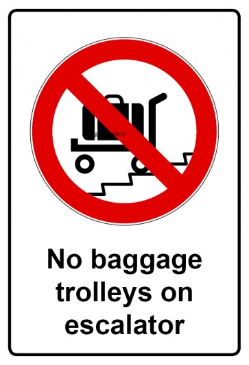 Schild Verbotszeichen Piktogramm & Text englisch · No baggage trolleys on escalator (Verbotsschild)
