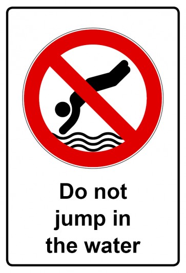 Schild Verbotszeichen Piktogramm & Text englisch · Do not jump in the water (Verbotsschild)