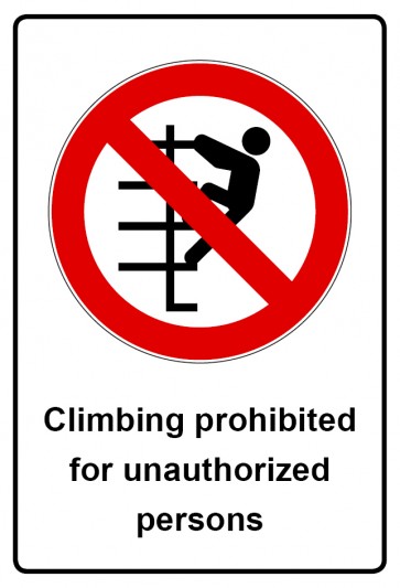 Aufkleber Verbotszeichen Piktogramm & Text englisch · Climbing prohibited for unauthorized persons | stark haftend (Verbotsaufkleber)