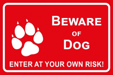 Schild Beware of Dog · Enter of your own risk | rot · selbstklebend