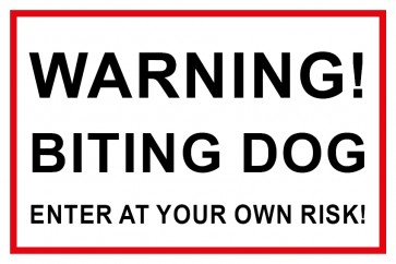 Schild Warning! Biting Dog · Enter at your own risk! | weiß | rot