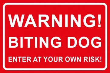 Schild Warning! Biting Dog · Enter at your own risk! | rot · selbstklebend