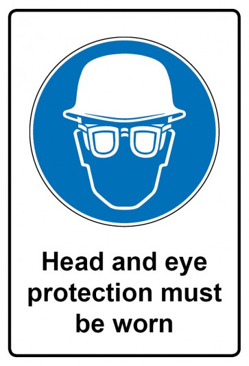 Schild Gebotszeichen Piktogramm & Text englisch · Head and eye protection must be worn (Gebotsschild)