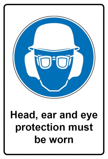 Schild Gebotzeichen Piktogramm & Text englisch · Head, ear and eye protection must be worn | selbstklebend (Gebotsschild)
