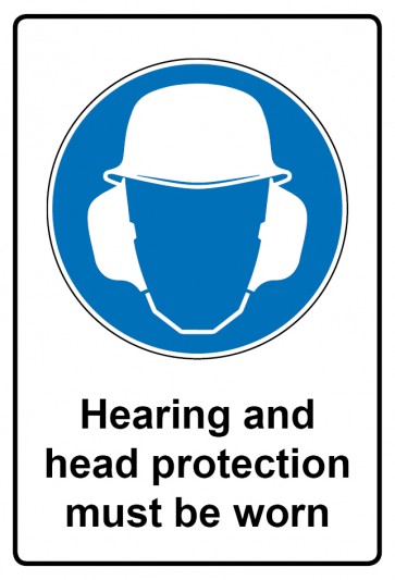Aufkleber Gebotszeichen Piktogramm & Text englisch · Hearing and head protection must be worn (Gebotsaufkleber)