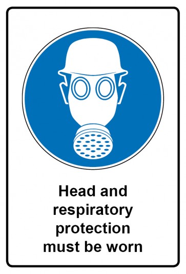 Schild Gebotzeichen Piktogramm & Text englisch · Head and respiratory protection must be worn | selbstklebend (Gebotsschild)